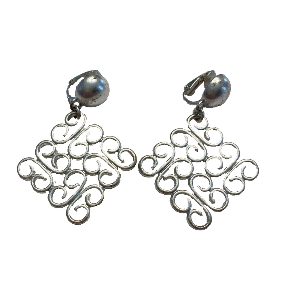 Vintage Clip On Earrings Silver Mod 60's Look Lattice Filigree Drop & Dangle